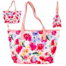 5718 WHITE FLORAL PU LARGE TOP ZIP TOTE/SHOPPING/SHOULDER BAG