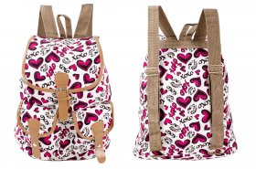 2610 WHITE RED HEART CANVAS BACKPACK WITH 2 FRONT POCKETS