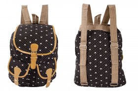 2610 BLACK WHITE HEART CANVAS BACKPACK WITH 2 FRONT POCKETS