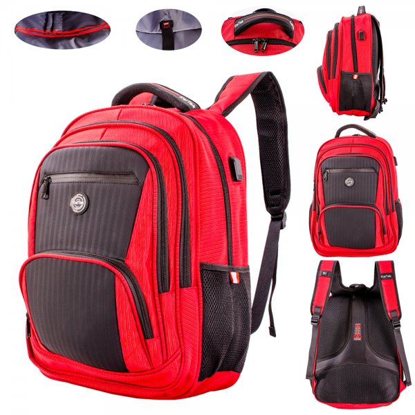 2657 RED/BLACK 19'' PINSTRIPE POLYESTER BACKPACK W/PU PATTERN