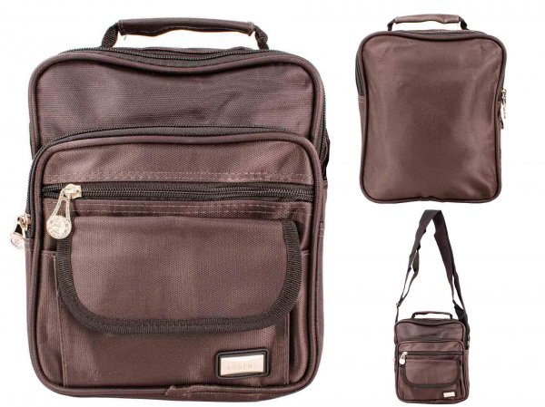 2566 BROWN DOUBLE TOP TALL ZIP BAG, 2 FRONT ZIP, FLP PCKT, HNDLE