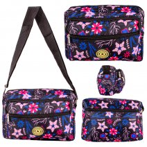 LL-157B BLACK PINK/RED FLOWER 4 ZIP SHOULDER BAG