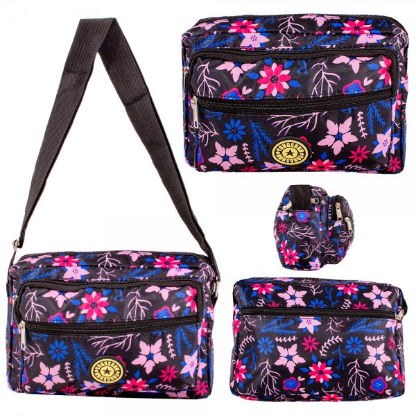 LL-157B BLACK PINK/RED FLOWER 4 ZIP SHOULDER BAG