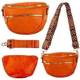 7267 TAN LEATHER GRN PU X-BODY WAIST BAG W/INTERCHANGABLE STRAP