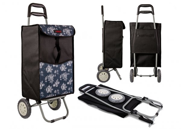 6961/S SOLID BLK W/NAVY FLOWER 2 WHEEL SHOPPING TROLLEY