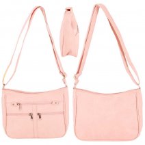 5702 PINK LEATHER GRAIN PU TOP ZIP FASHION SHOULDER BAG W/4 ZIP