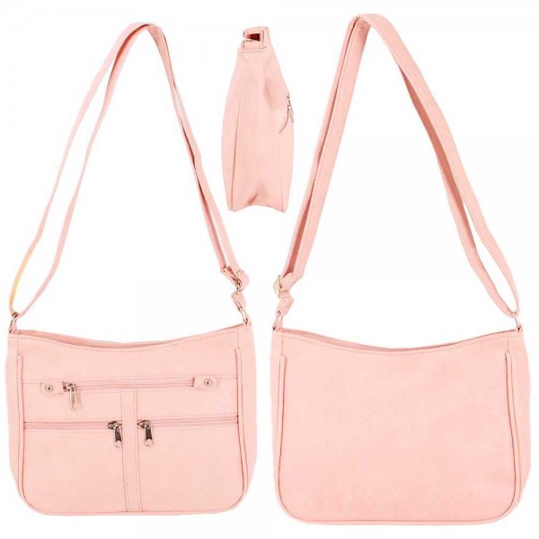 5702 PINK LEATHER GRAIN PU TOP ZIP FASHION SHOULDER BAG W/4 ZIP