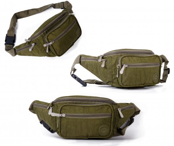 2522 GREEN CRINKLED NYLON BUMBAG W/ 6 POCKETS