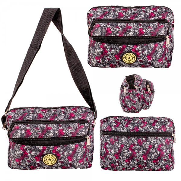 LL-157B BLACK PINK/WHITE FLOWER 4 ZIP SHOULDER BAG