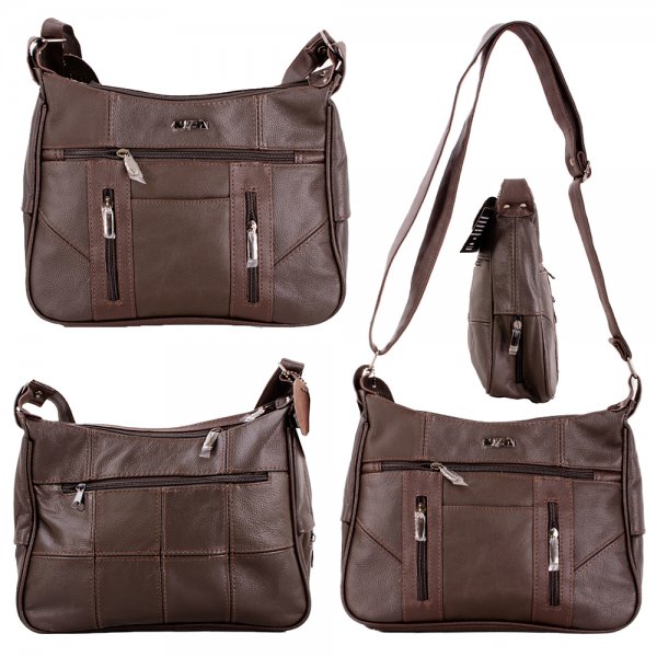 3734 DARK BROWN C.HIDE TWIN TOP ZIP LEATHER SHOULDER BAG