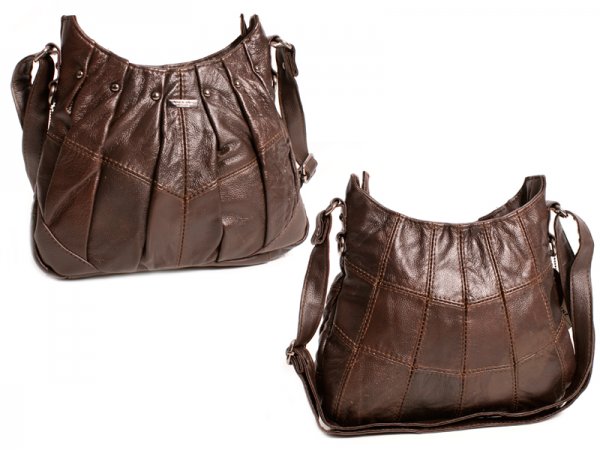 3731 DARK BROWN Top Zip C.Hide Bag, Pleated & Stud Detail