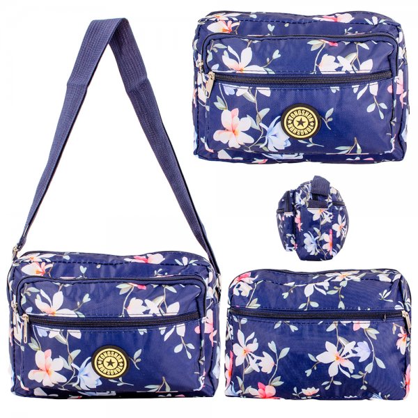 LL-157B NAVY FLORAL 4 ZIP SHOULDER BAG