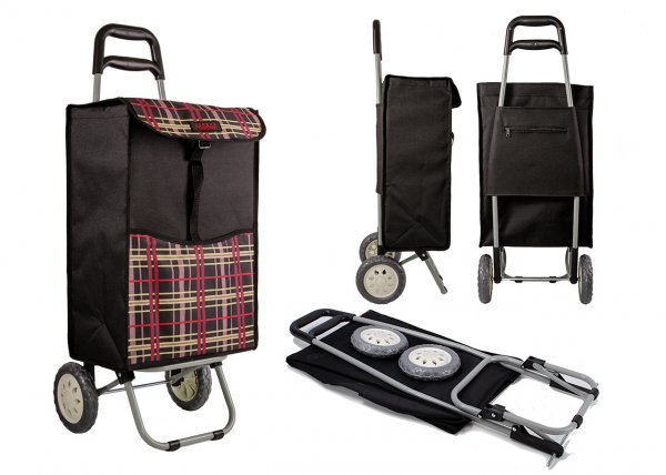 6961/BLK WITH BURGANDY CHECK 2 WHEEL SHOPPING TROLLEY