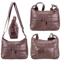 1955 BROWN TWIN TOP LEATHER FASHION SHOULDER BAG W/5 ZIP