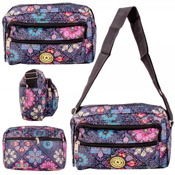 LL-157A BLACK FLOWER ART 4 ZIP SHOULDER BAG