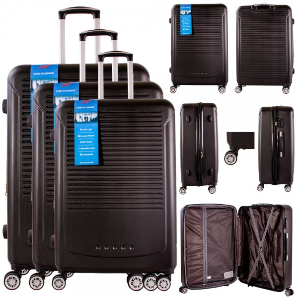 T-HC-16 BLACK SET OF 3 TRAVEL TROLLEY SUITCASE