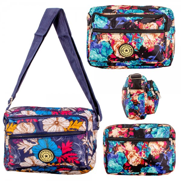 LL-157B BLACK W/BLUE/BEIGE FLOWER 4 ZIP SHOULDER BAG