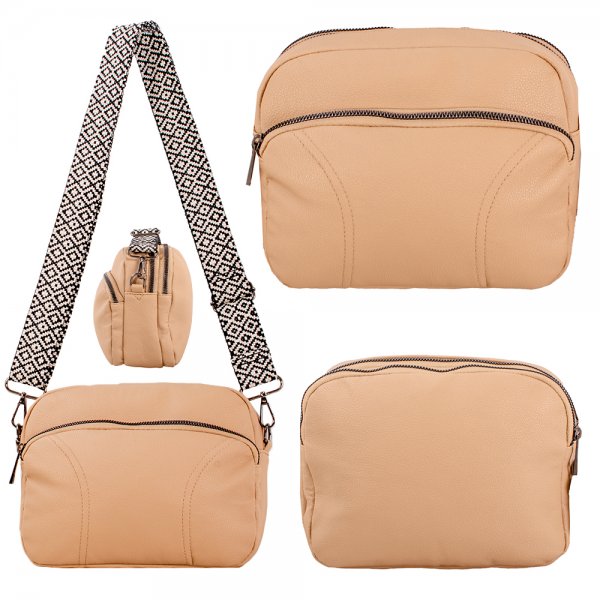 JBFB459 CARAMEL PU FASHION X-BODY SHOULDER BAG WITH 3 ZIPS