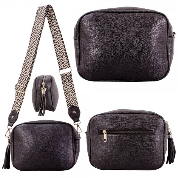 JBFB457 BLACK PU DOUBLE ZIP FASHION X-BODY SHOULDER BAG