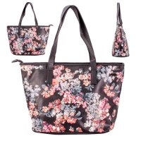 5718 BLACK FLORAL PU LARGE TOP ZIP TOTE/SHOPPING/SHOULDER BAG