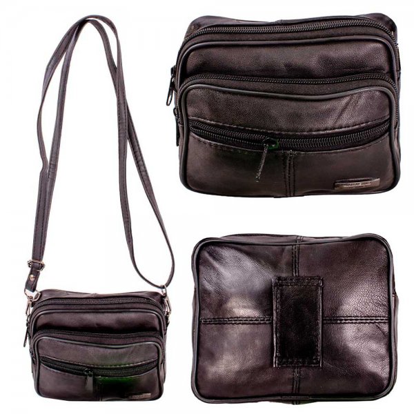 1911 BLACK LEATHER X-BODY W/BELT ATTACHMENT BAG W/5 ZIP