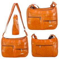 1955 TAN TWIN TOP LEATHER FASHION SHOULDER BAG W/5 ZIP