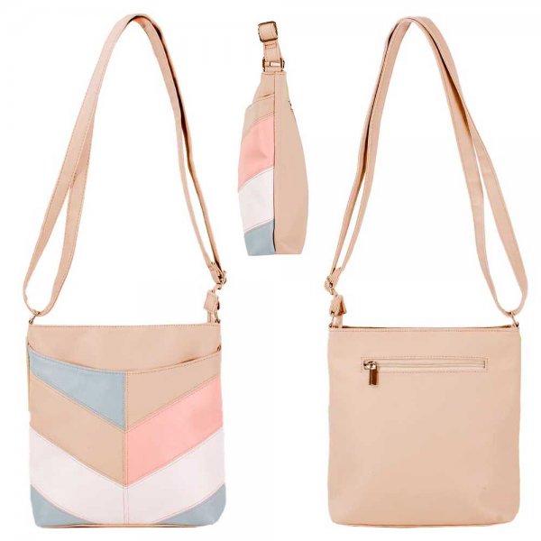 5710 BEIGE/PINK/BLUE/WHITE PU TOP ZIP X-BODY/SHOULDER BAG