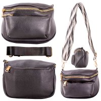 7268 BLACK LEATHER GRN PU X-BODY WAIST BAG W/CHANGABLE STRAP