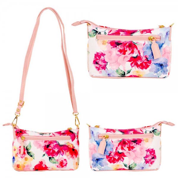 5716 WHITE FLORAL PU X-BODY BAG W/3 ZIP