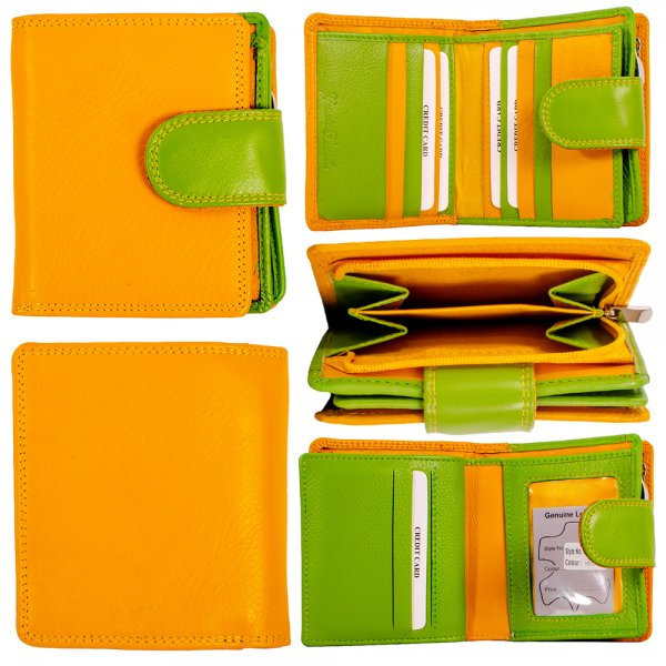 RB40 Y/G COMBI LEATHER TRIFOLD WALLET PURSE W/MULTIPLE C.SECTION