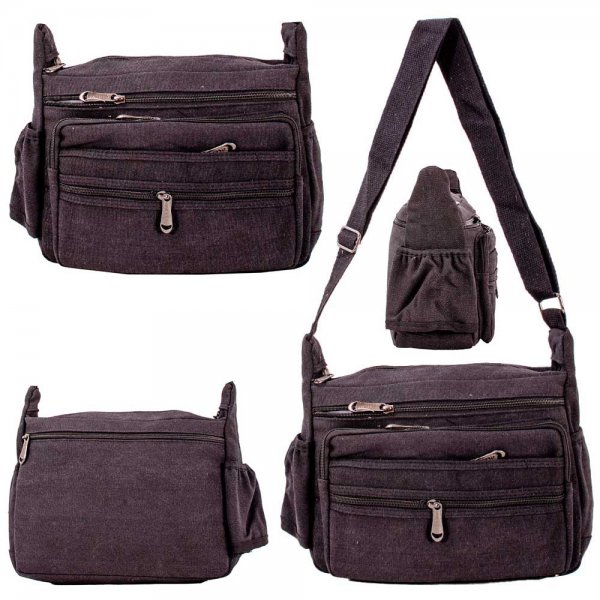 2562 BLACK CANVAS SHOULDER BAG W/6 ZIPS