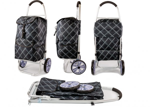 6965 BLACK CHECK 2 Wheel Shopping Trolley, Front & Side Pocket