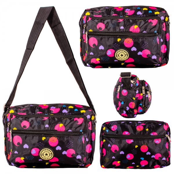 LL-157B BLACK W/PINK DOTS 4 ZIP SHOULDER BAG