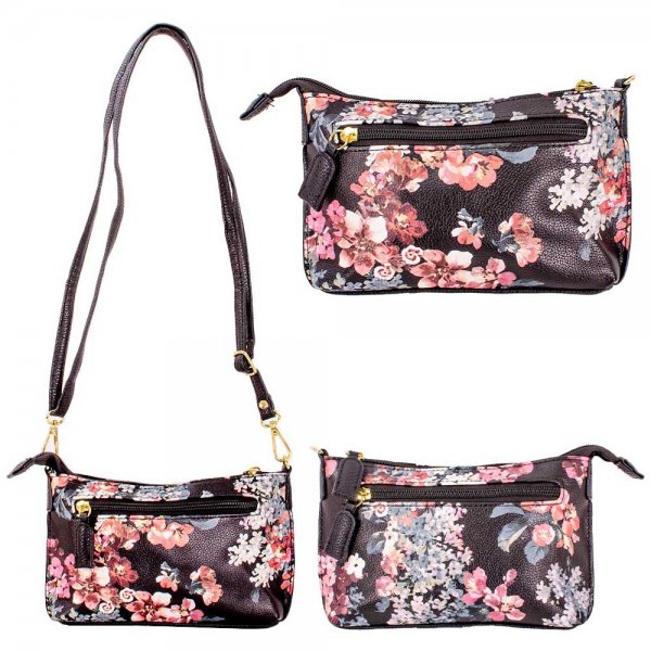 5716 BLACK FLORAL PU X-BODY BAG W/3 ZIP