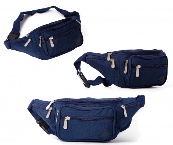 2522 BLUE CRINKLED NYLON BUMBAG W/ 6 POCKETS