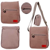 LL-255 BROWN CANVAS X-BODY SHOULDER BAG W/4 ZIPS