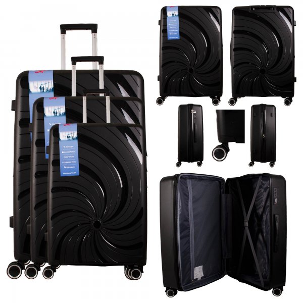 T-HC-PP04 BLACK SET OF 3 TRAVEL TROLLEY SUITCASE