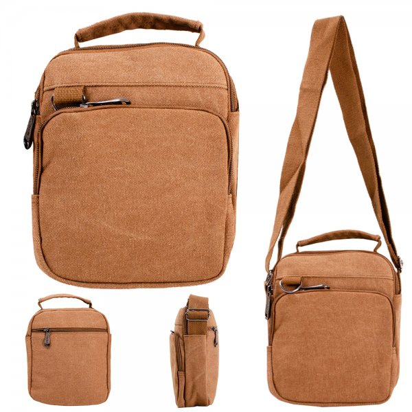 2561 BROWN CANVAS 3 ZIPS X-BODY BAG WITH ADJUSTABLE STRAP