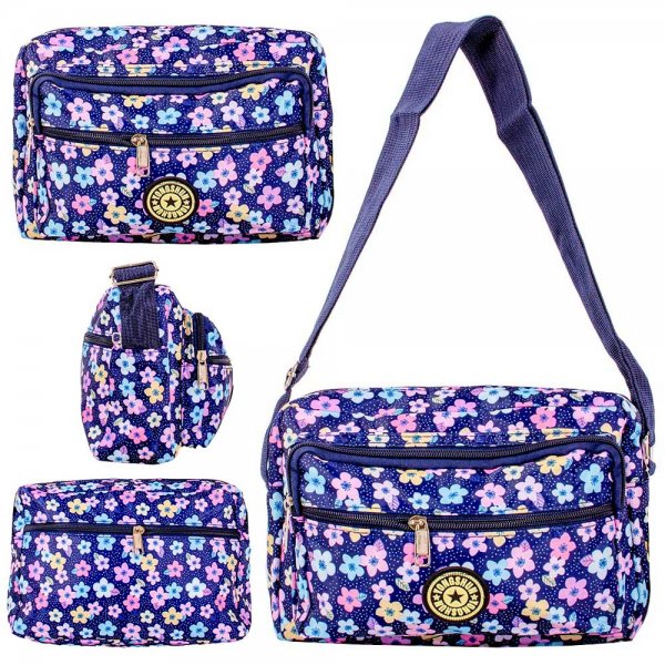 LL-157A BLUE FLORAL 4 ZIP SHOULDER BAG