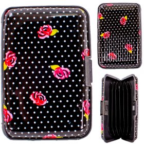 0002 BLACK W/WHITE DOT RED ROSE MULTIPLE CARD HOLDER