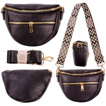 7267 BLACK LEATHER GRN PU X-BODY WAIST BAG W/INTERCHANGABLE STRA