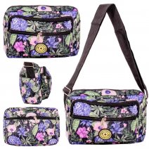 LL-157A BLACK GREEN LEAVES 4 ZIP SHOULDER BAG