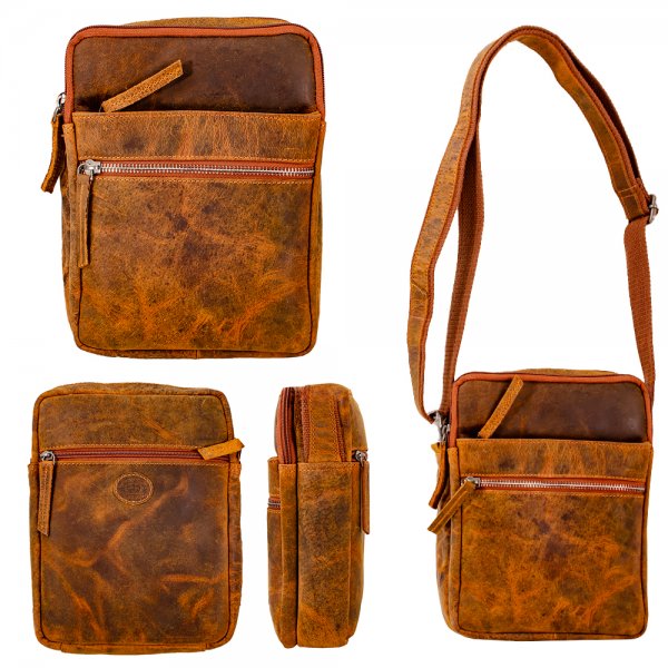 0862 TAN/CAMEL HUNTER LEATHER RFID X-BODY SHOULDER BAG