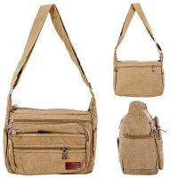 LL-237 GREEN CANVAS SHOULDER BAG W/6 ZIPS