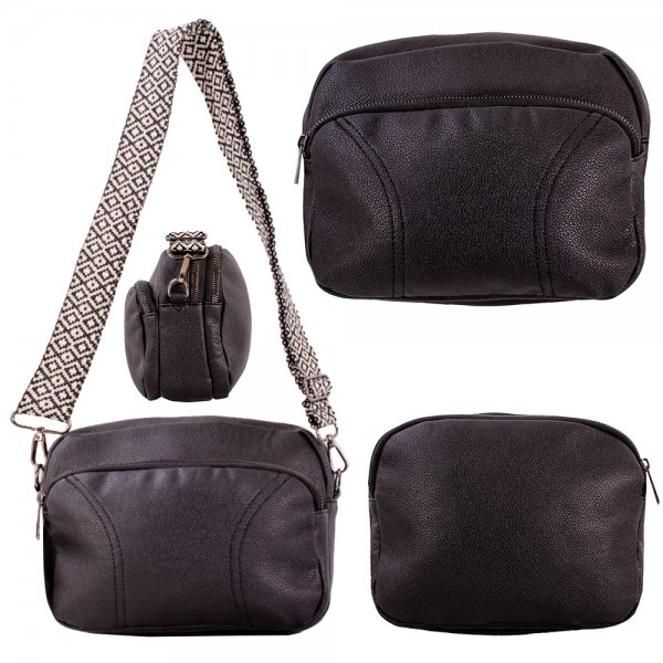 JBFB459 BLACK PU FASHION X-BODY SHOULDER BAG WITH 3 ZIPS