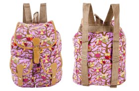 2610 PINK OWL CANVAS BACKPACK WITH 2 FRONT POCKETS