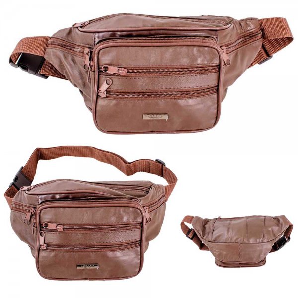 1442 BROWN LEATHER BUMBAG W/6 ZIPS