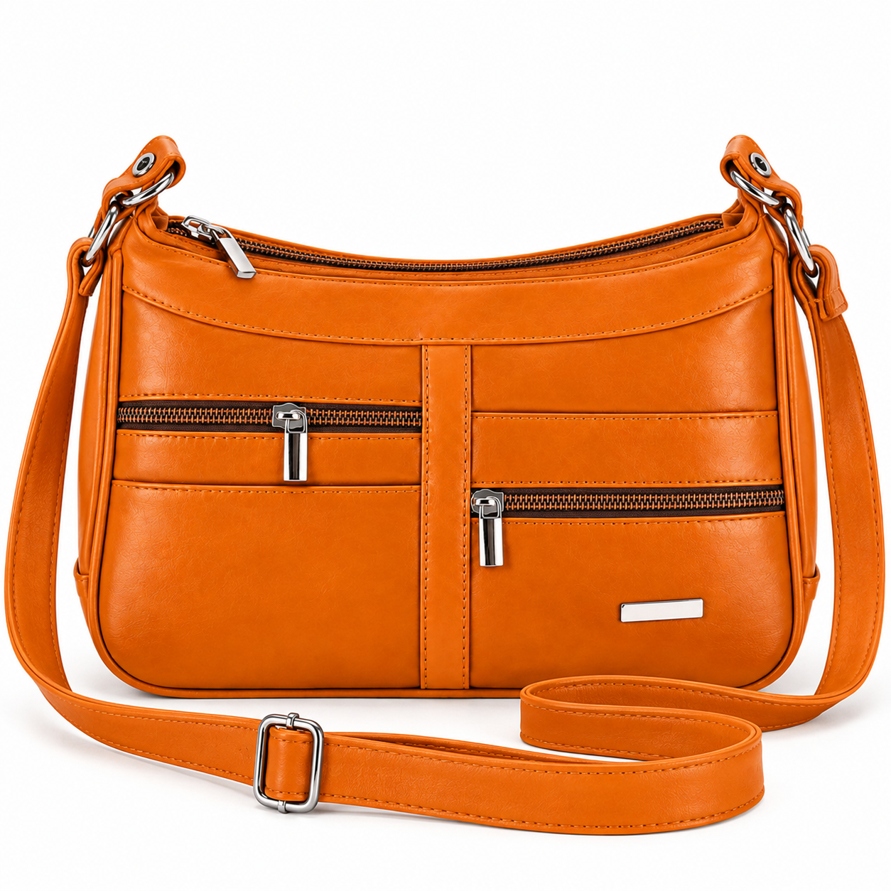 1955 Tan Twin Top Leather Fashion Shoulder Bag W/5 Zip (New) (image for) 1955 Tan Twin Top Leather Fashion Shoulder Bag W/5 Zip (New)