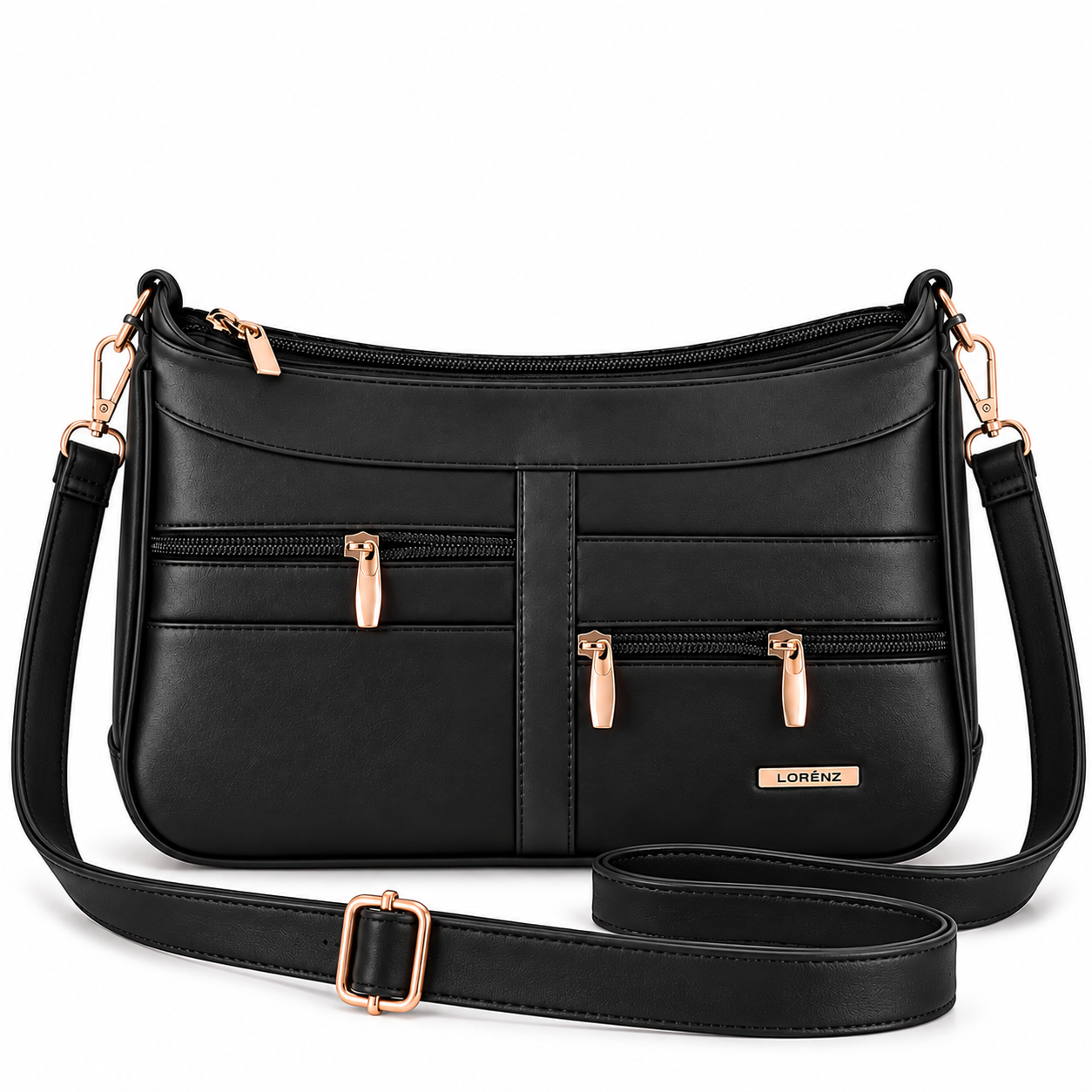 1955 Black Twin Top Leather Fashion Shoulder Bag W/5 Zip (New) (image for) 1955 Black Twin Top Leather Fashion Shoulder Bag W/5 Zip (New)