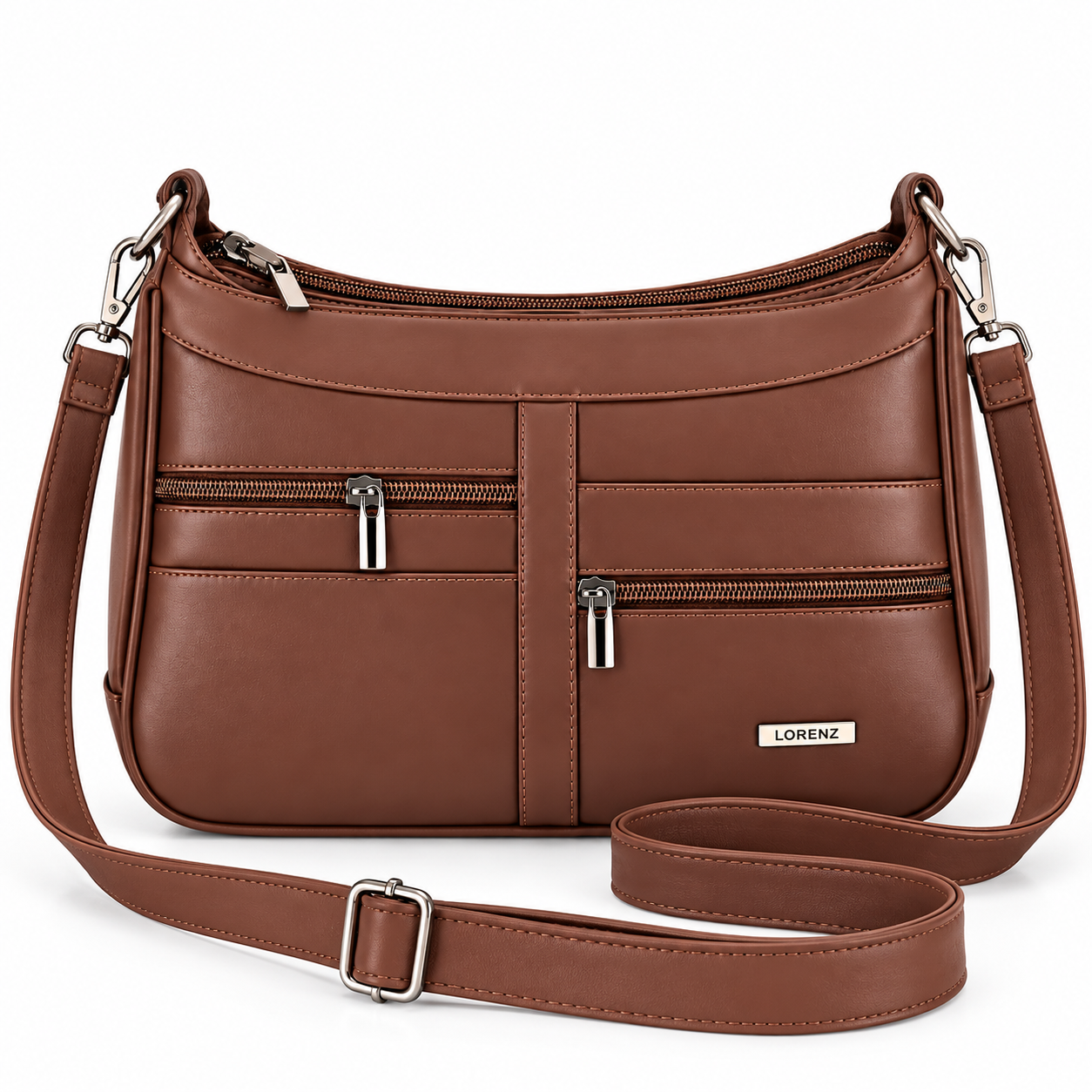 1955 Brown Twin Top Leather Fashion Shoulder Bag W/5 Zip (New) (image for) 1955 Brown Twin Top Leather Fashion Shoulder Bag W/5 Zip (New)